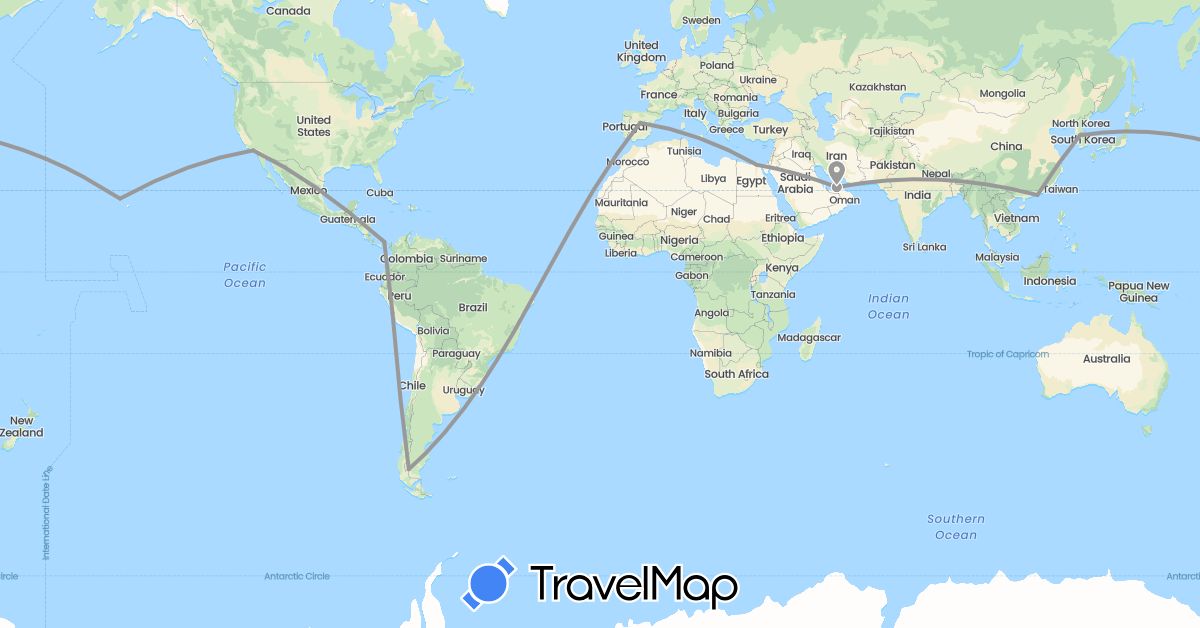TravelMap itinerary: driving, plane in United Arab Emirates, Argentina, China, Egypt, Spain, South Korea, Panama, Peru, United States (Africa, Asia, Europe, North America, South America)